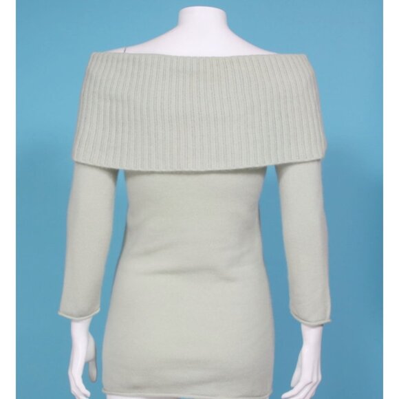 LUXE Arden B Light Sage Green 100% Cashmere Sweater Womens Off Shoulder sz M 137 - Picture 4 of 6